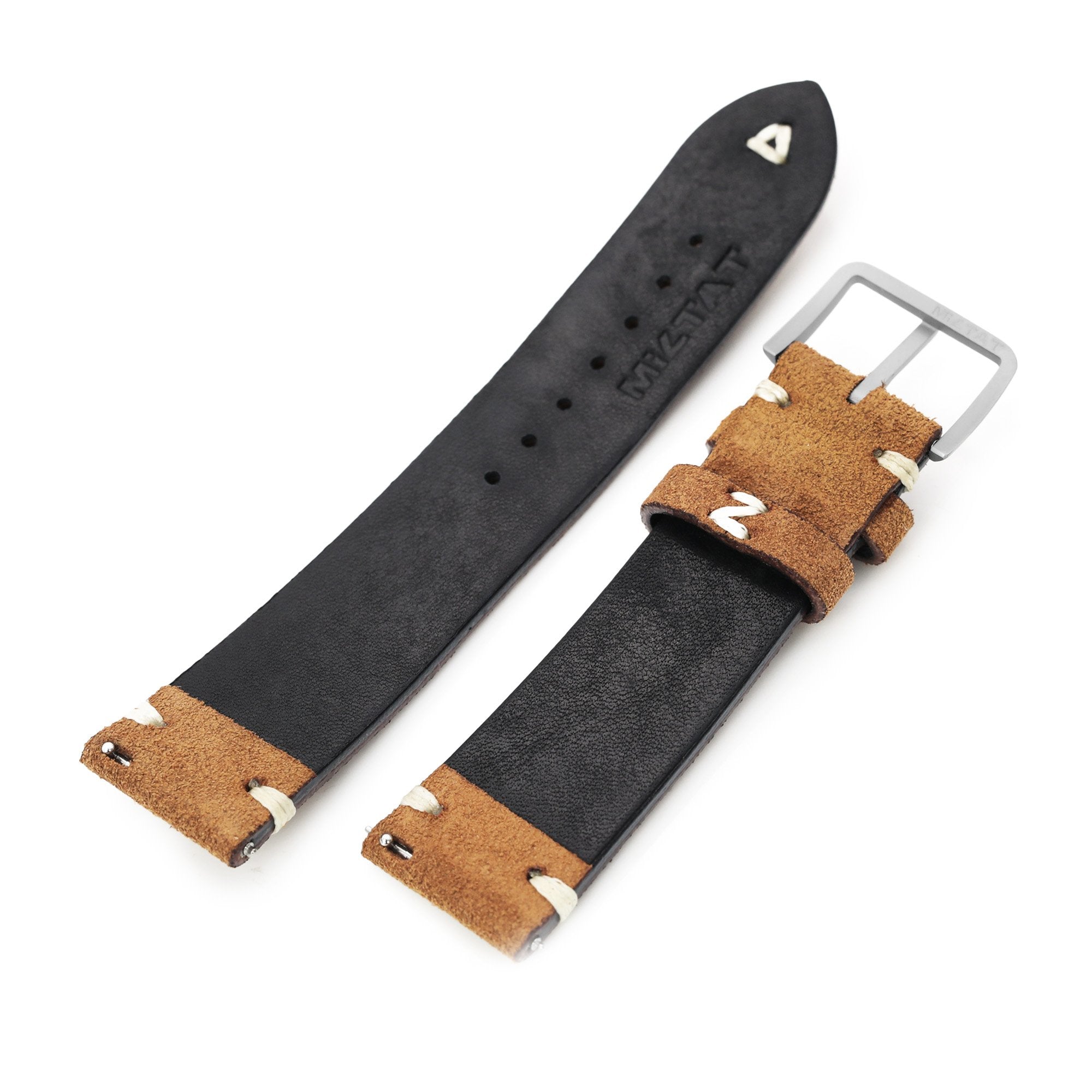 Camel Brown 19mm, 20mm, 21mm, 22mm MiLTAT Quick Release Nubuck Leather Watch Strap, Beige Stitching, Sandblasted Strapcode Watch Bands