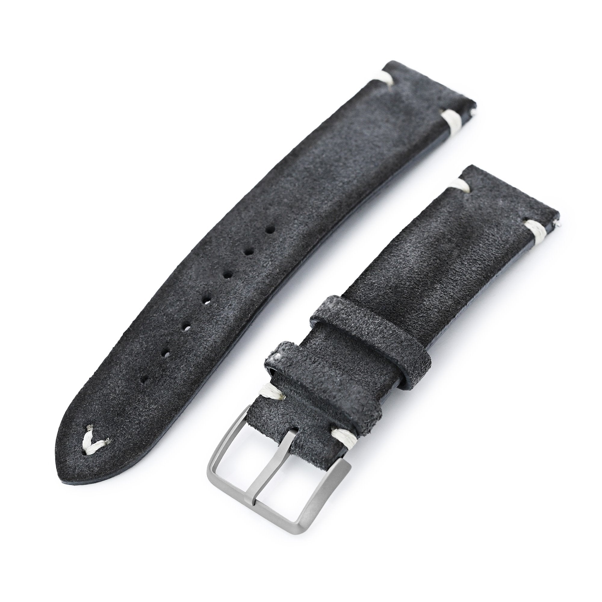 Dark Grey 20mm, 21mm, 22mm MiLTAT Quick Release Nubuck Leather Watch Strap, Beige Stitching, Sandblasted Strapcode Watch Bands