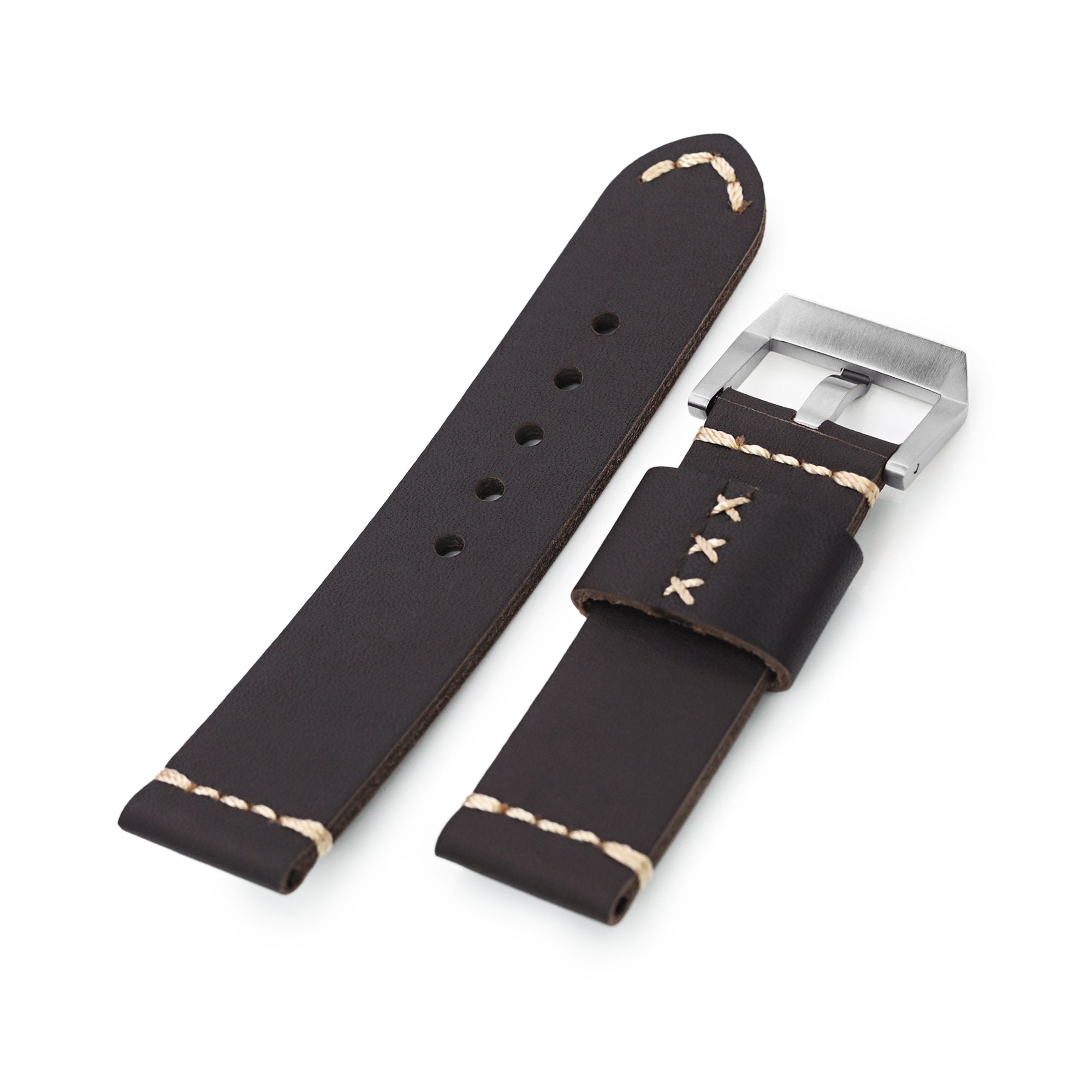 24mm Dark Brown Ammo Leather Watch Band, Brushed Buckle Strapcode Watch Bands