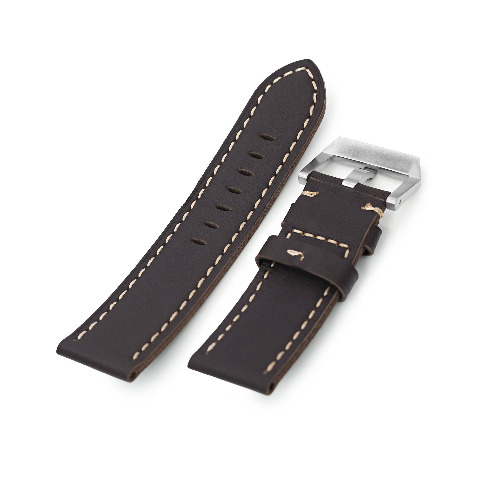 24mm Dark Brown Straight Leather Watch Band, Brushed Buckle Strapcode Watch Bands