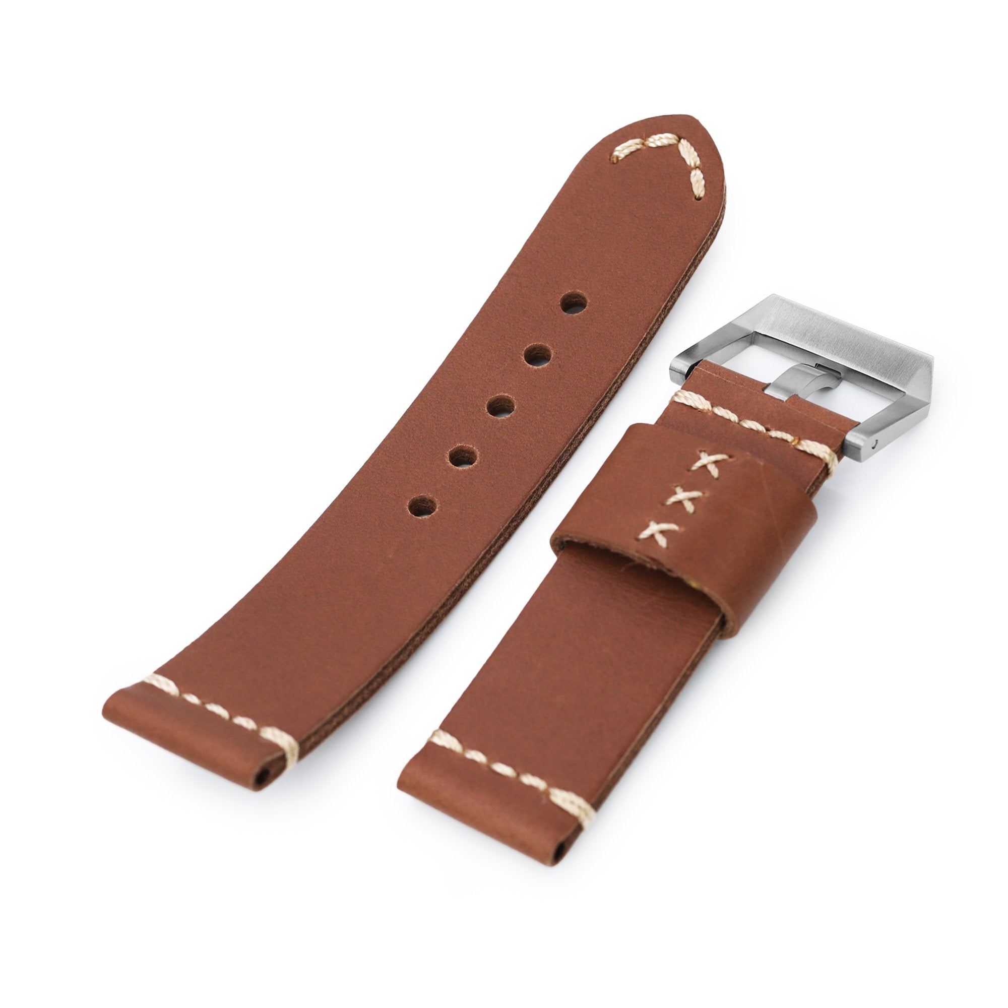24mm Chestnut Brown Ammo Leather Watch Band, Brushed Buckle Strapcode Watch Bands