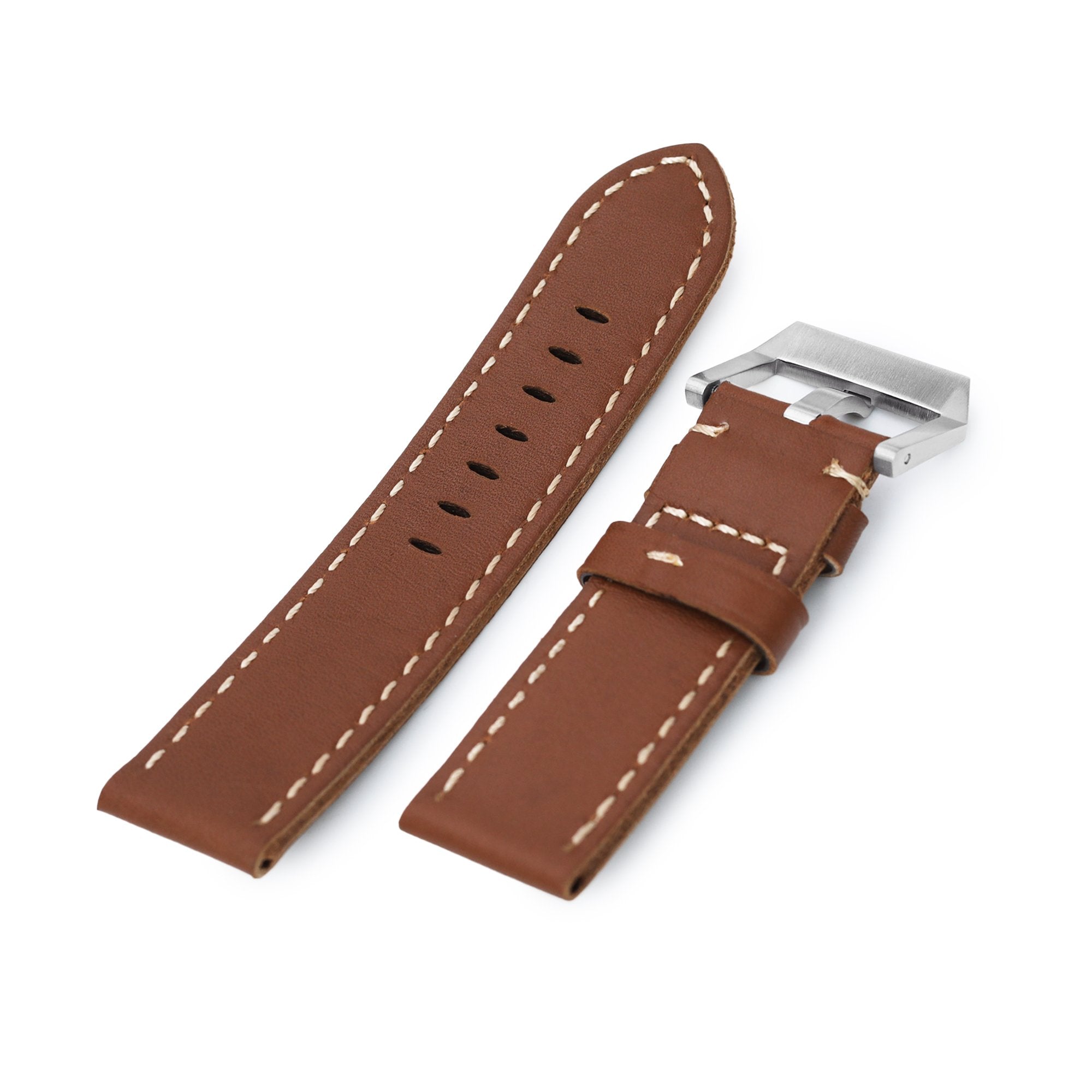24mm Chestnut Brown Straight Leather Watch Band, Brushed Buckle Strapcode Watch Bands