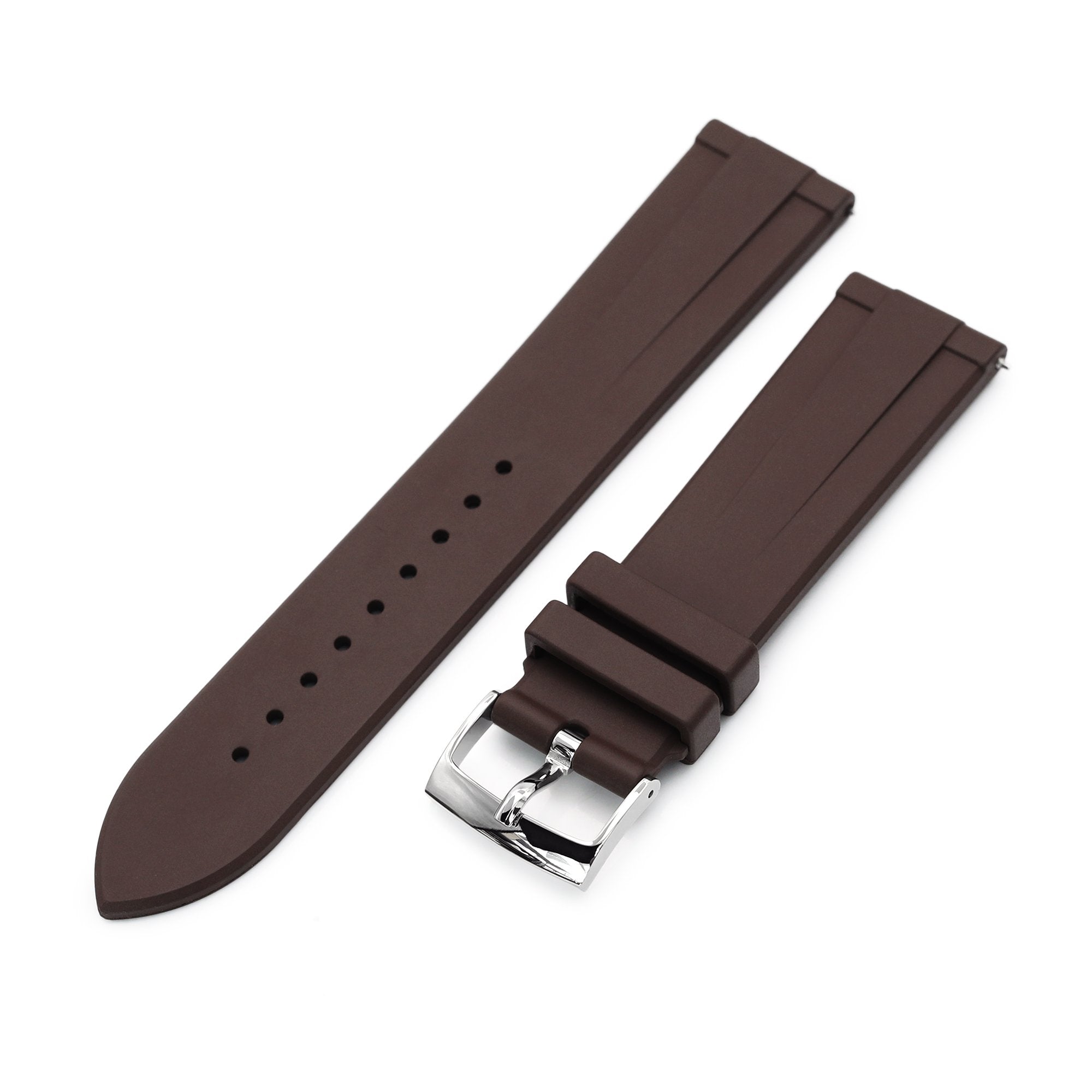 20mm Quick Release Watch Band Brown Raised Center FKM Rubber Strap, Brushed Strapcode Watch Bands